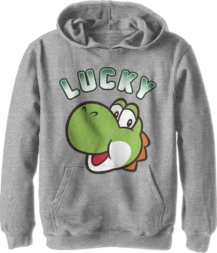 Boy's Nintendo Super Mario St. Patrick's Day Lucky Yoshi Retro Pull Over Hoodie - Athletic Heather - Small