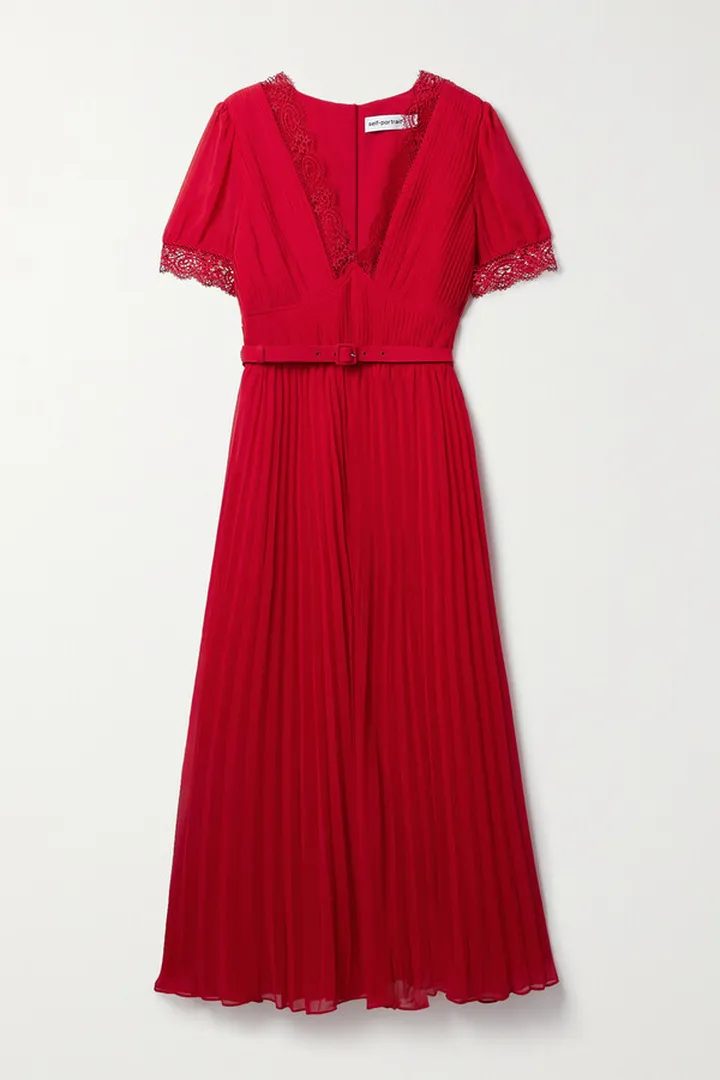 Self-Portrait - Belted Lace-trimmed Pleated Chiffon Midi Dress - Red