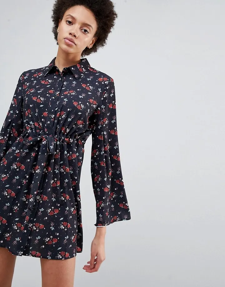 Unique21 Bell Sleeve Printed Shirt Dress