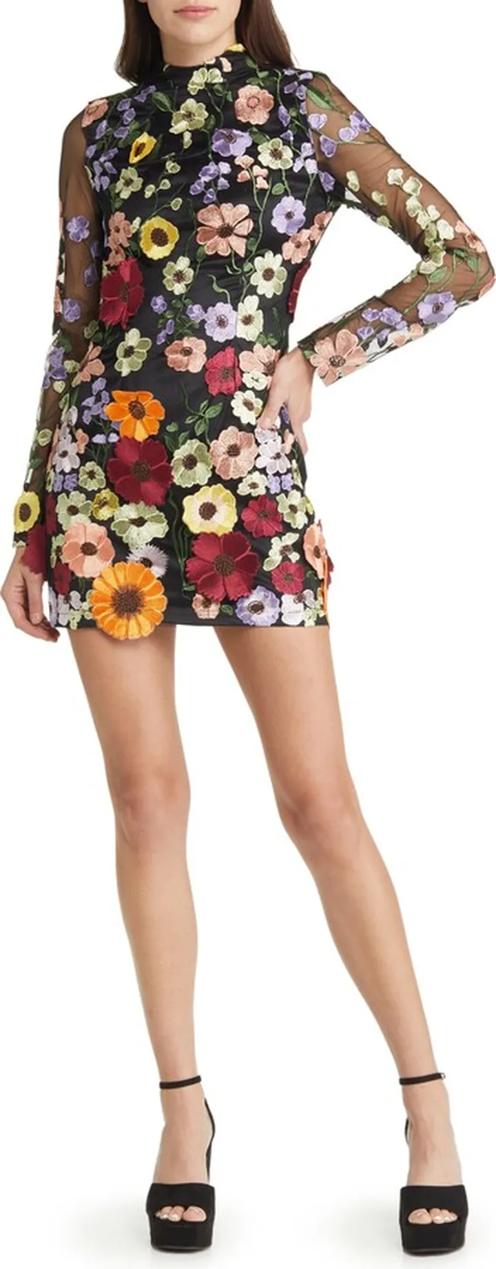 Floral Open Back Mock Neck Long Sleeve Minidress