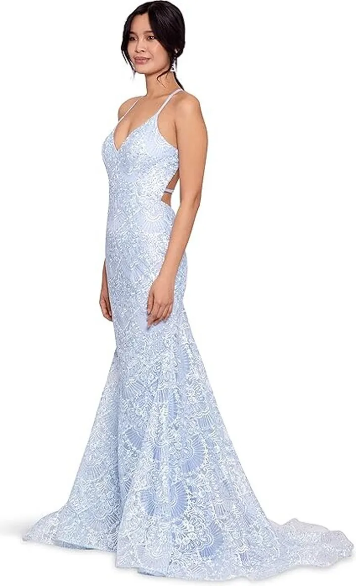 Betsy & Adam Long Mermaid Lace Gown with Stones (Light Blue) Women's Clothing