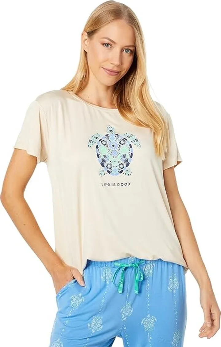 Life is Good Turtle Mosaic Lightweight Sleep Tee (Putty White) Women's Pajama