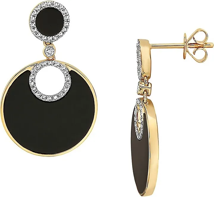 14K Yellow Gold Onyx & Diamond Stud Earrings