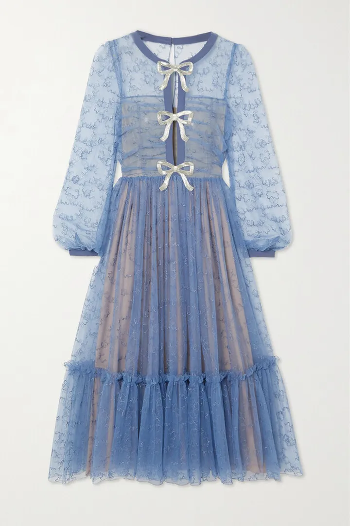 Saloni - Camille Bow-embellished Tiered Embroidered Tulle Midi Dress - Blue