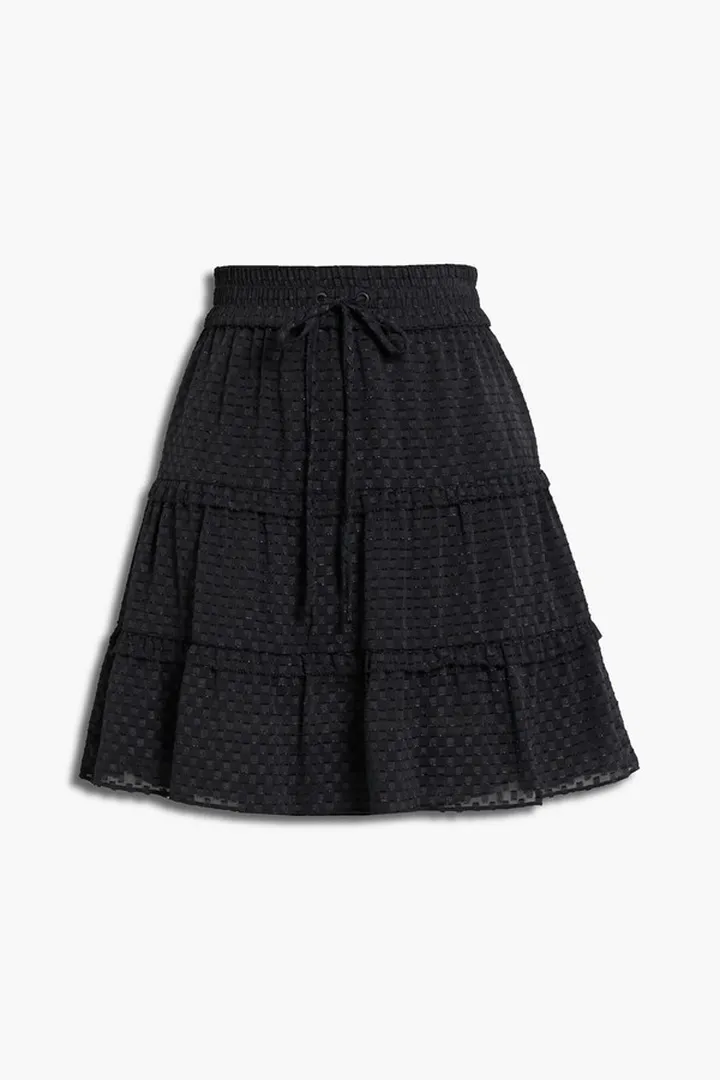 Vinita tiered metallic fil coupé chiffon mini skirt