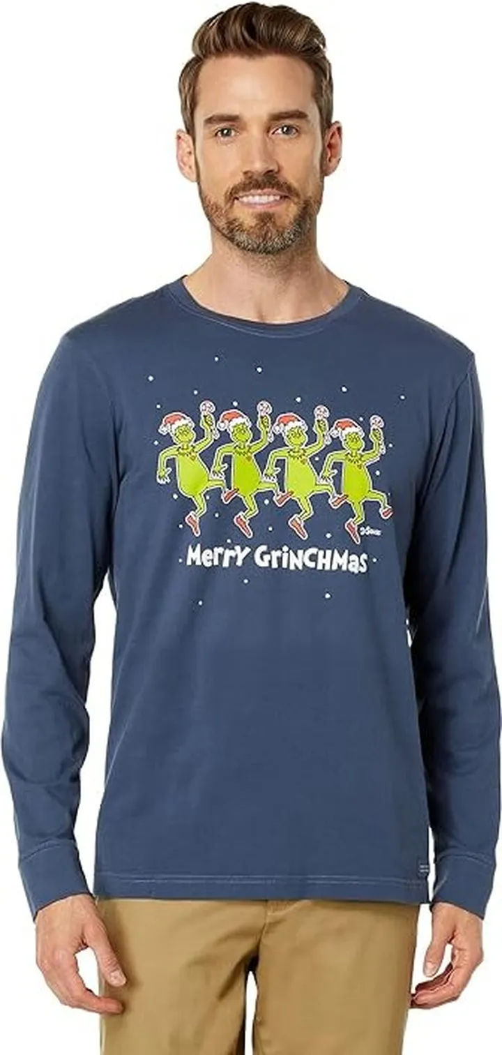 Life is Good Dancing Merry Grinchmas Long Sleeve Crusher Tee (Darkest Blue) Men's Clothing