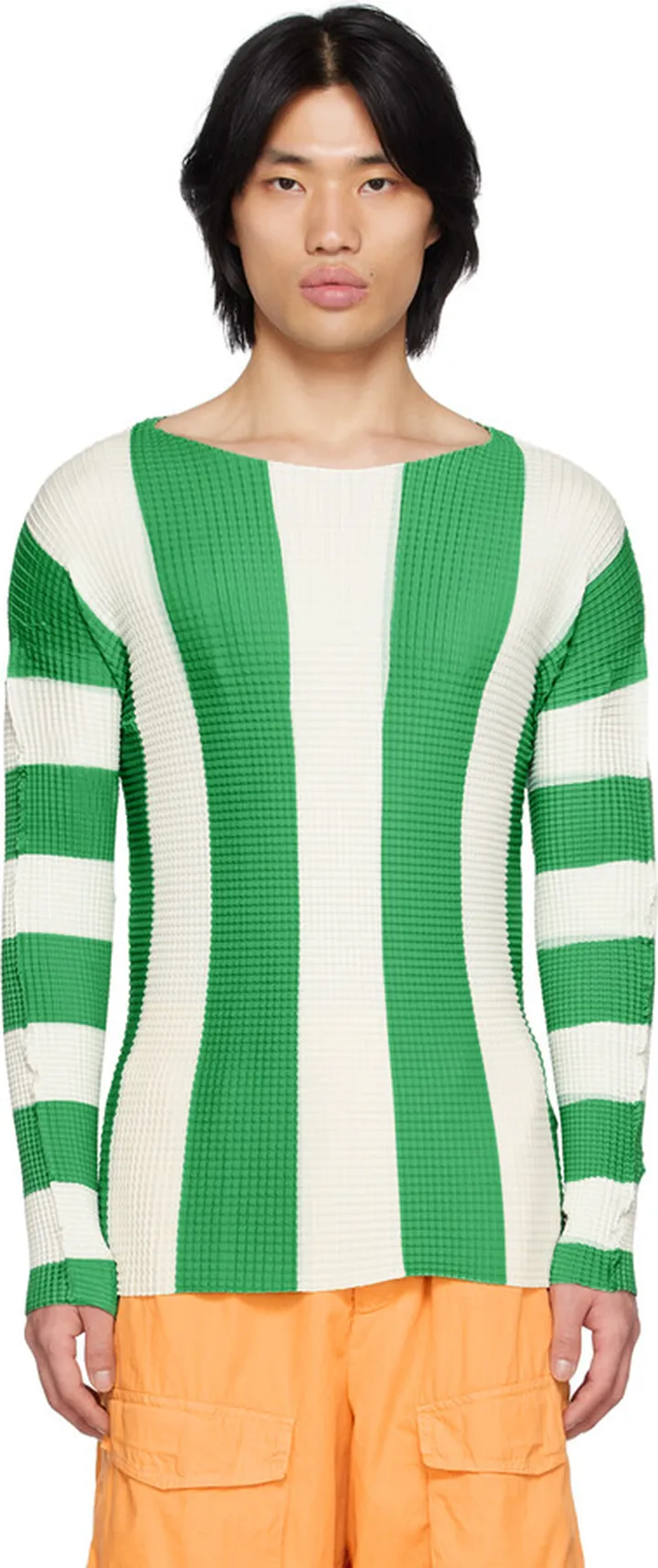 SUNNEI Green & White Pleated Stripe T-Shirt
