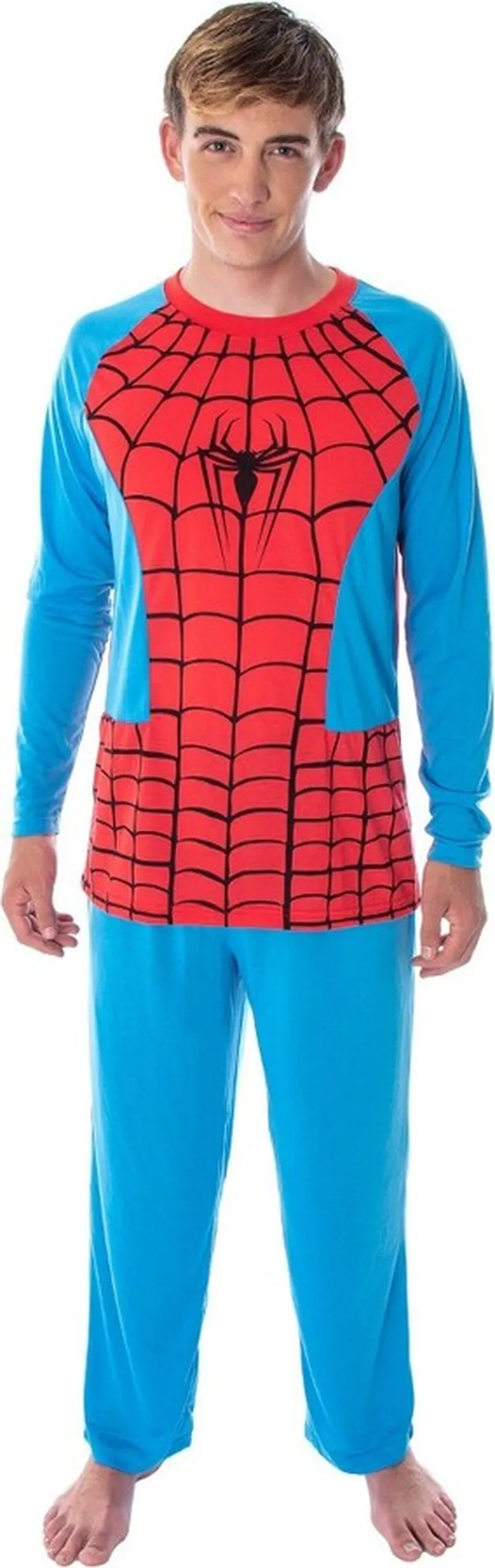 Marvel Men's Classic Spider-Man Costume Raglan Top And Pants Pajama Set (SM) Blue