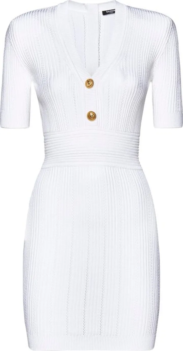 Balmain V-Neck Ribbed-Knit Mini Dress