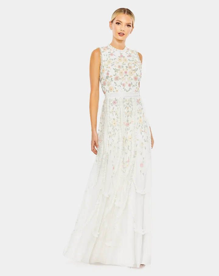 Embellished High Neck Sleeveless Ruffled Gown
