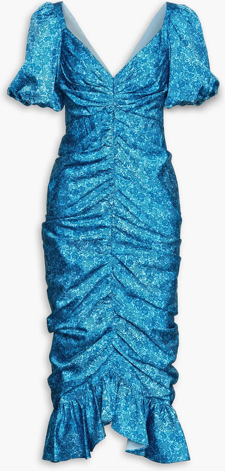 Ruched printed cady midi dress