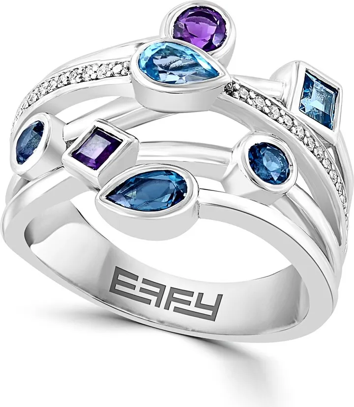 Sterling Silver Diamond Amethyst Blue Topaz Ring - Size 7 - 0.11ct.