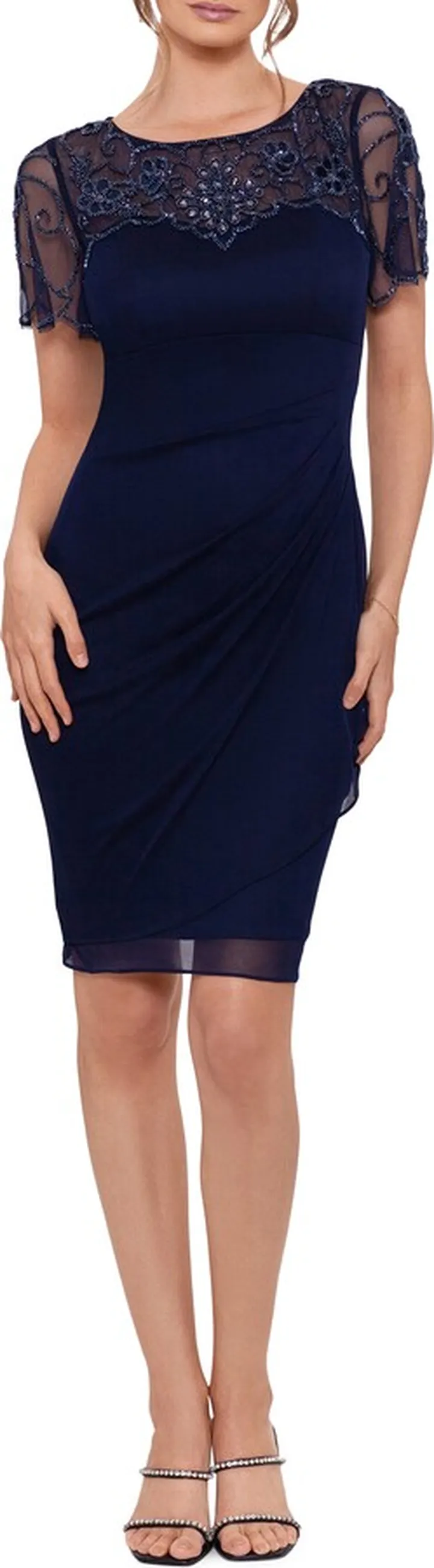 Beaded Short Sleeve Chiffon Sheath Dress