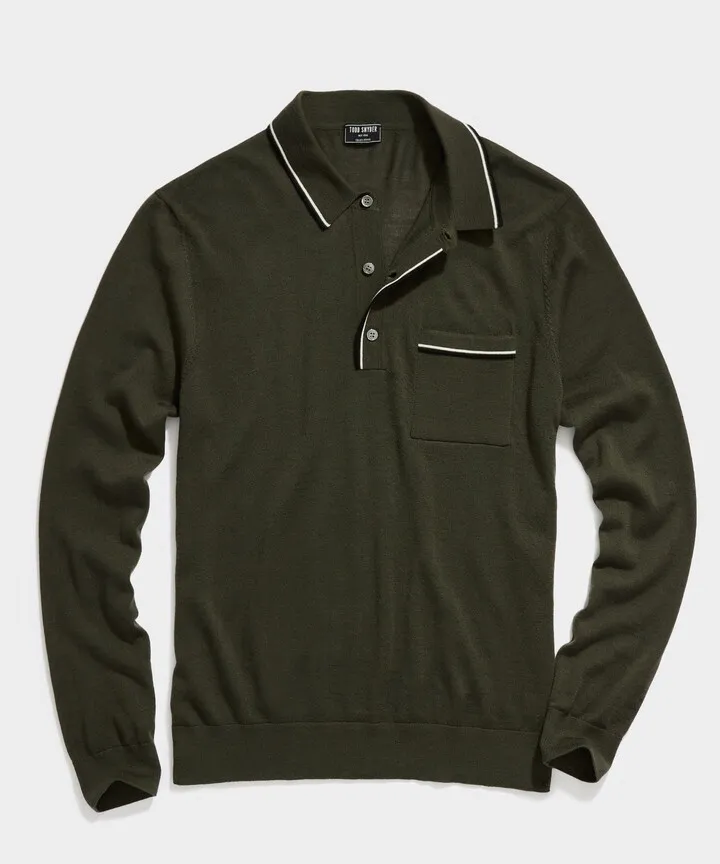 Long-Sleeve Merino Tipped Polo in Oakmoss