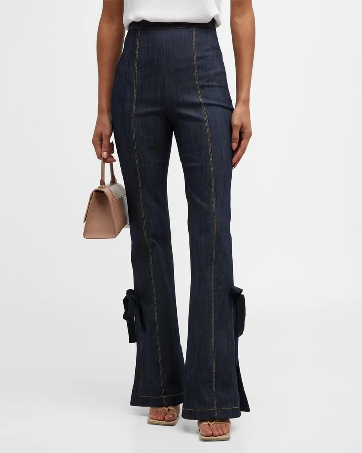 Lou Ribbon-Tie Flared Denim Pants