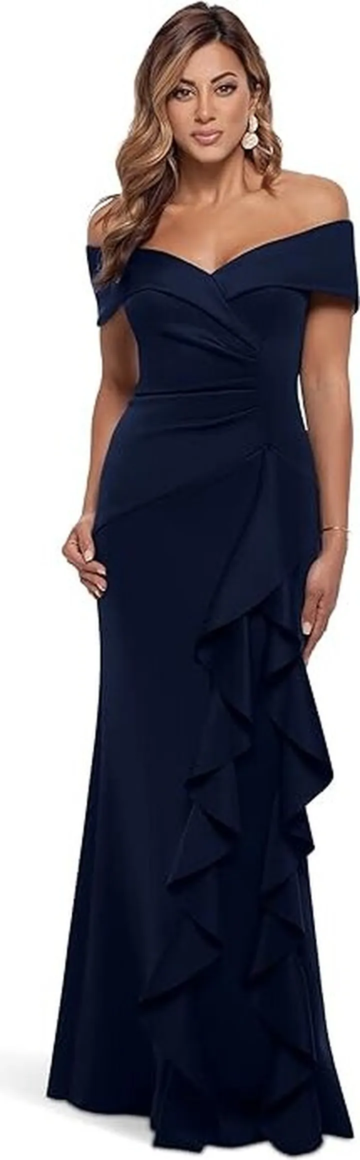XSCAPE Long Scuba Off-the-Shoulder Ruffle Dress (Midnight) Women's Evening