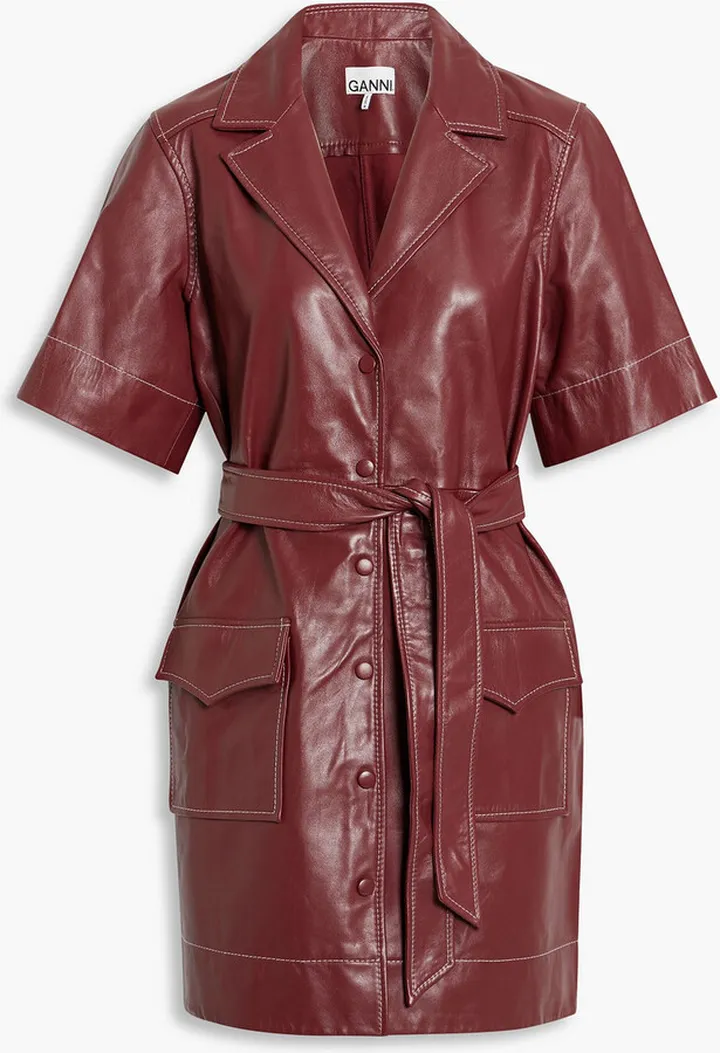 Belted leather mini shirt dress