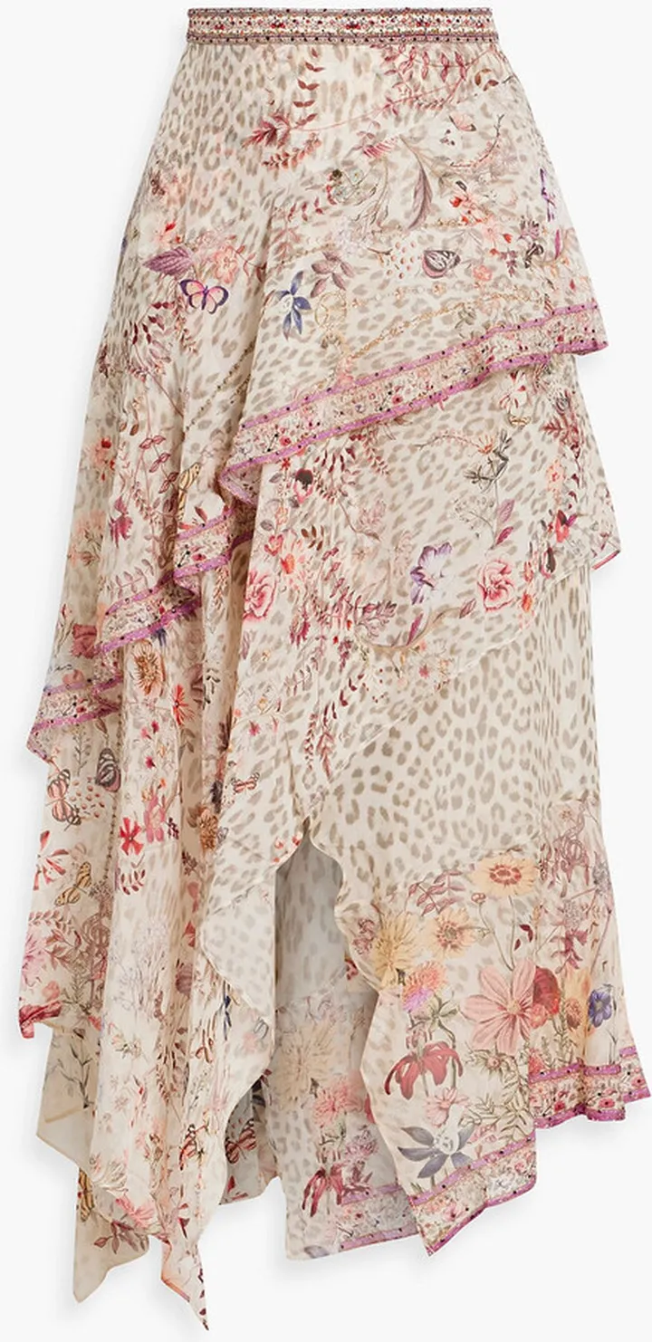 Tiered embellished printed silk-chiffon midi skirt