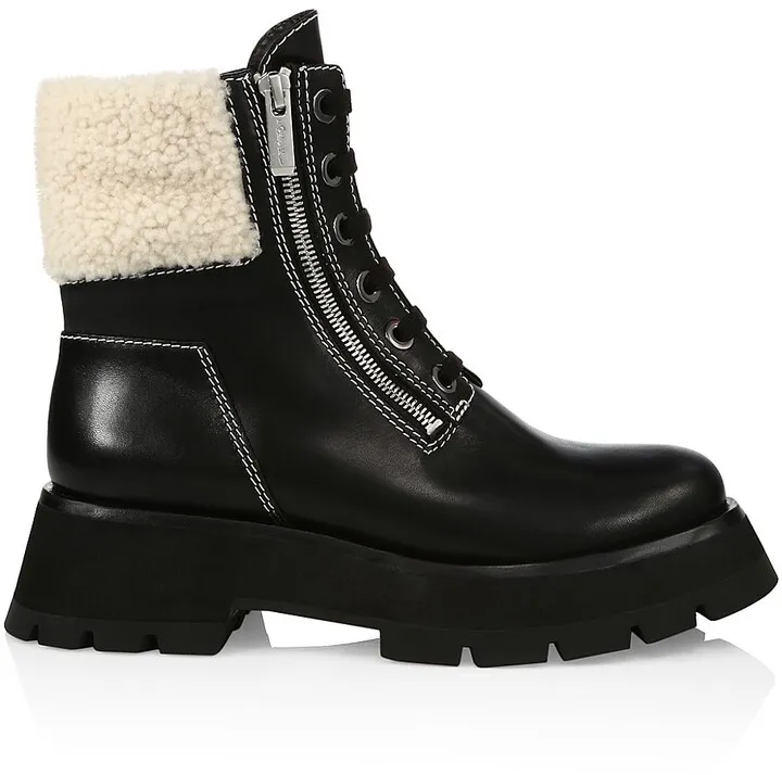 Kate Zip Lug-Sole Shearling-Trimmed Leather Combat Boots