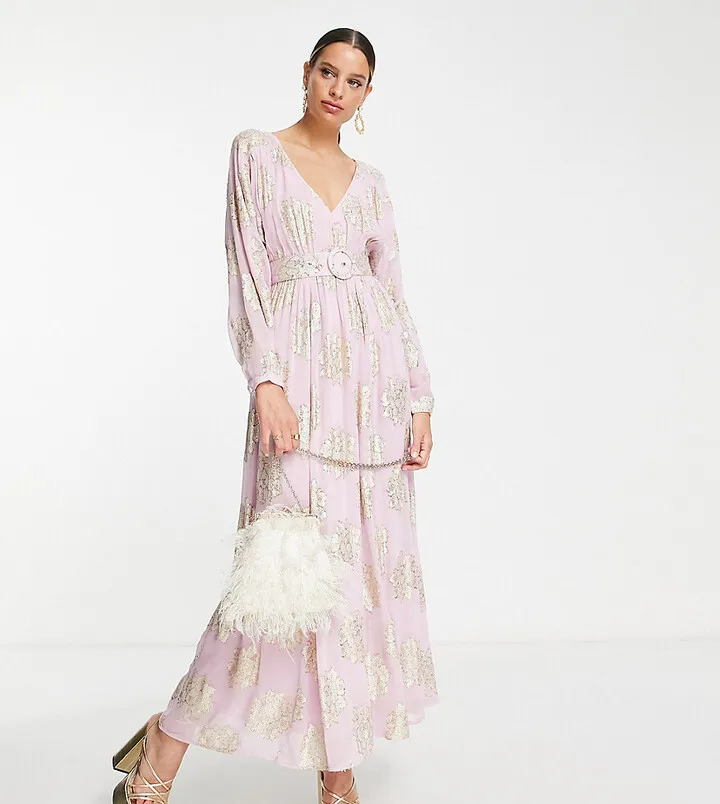 ASOS DESIGN Tall belted batwing maxi tea dress in lilac metallic jacquard