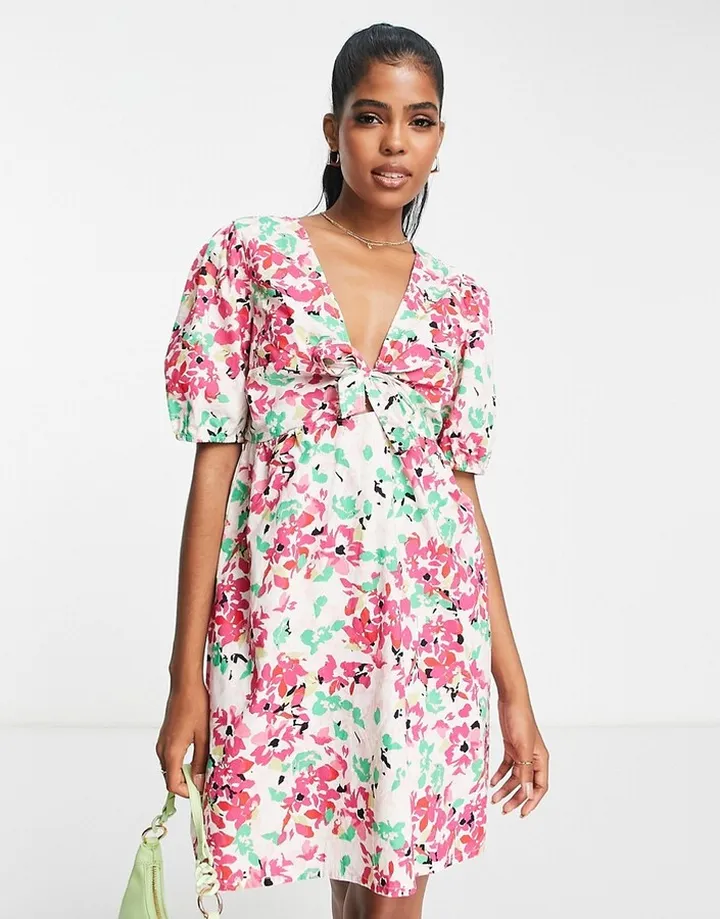 Pieces puff sleeve tie detail mini dress in white floral