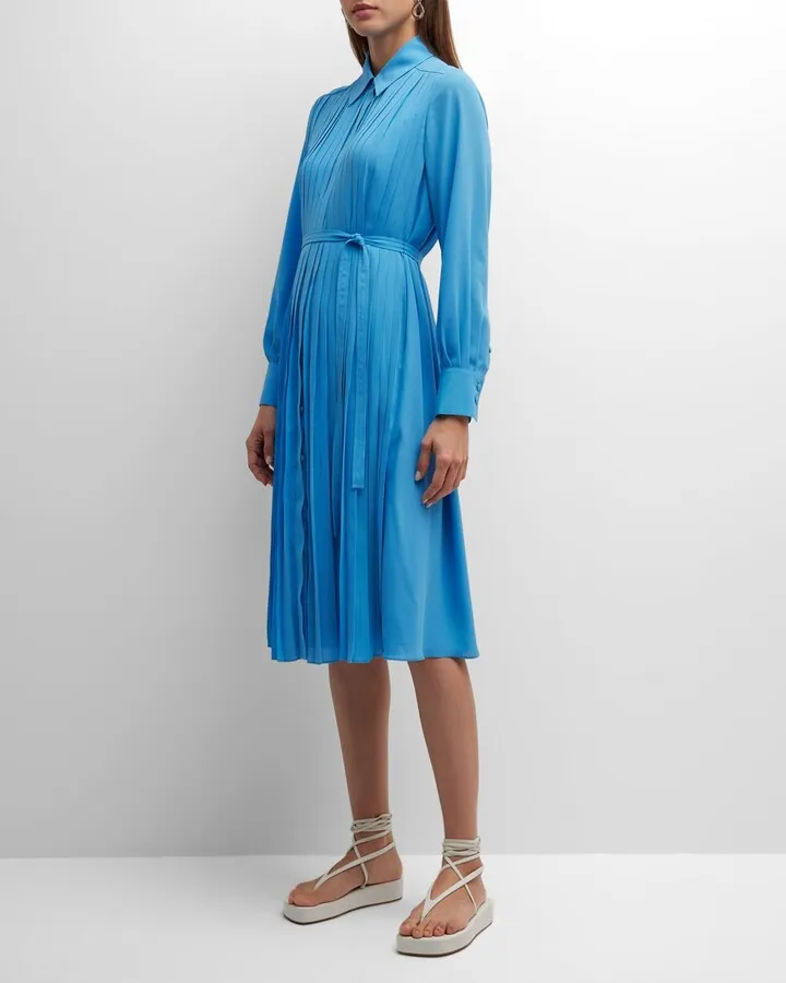 Pleated Long-Sleeve Midi Shirtdress