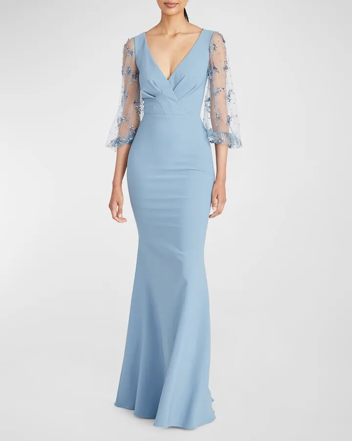 Kiera Beaded Illusion-Sleeve Gown