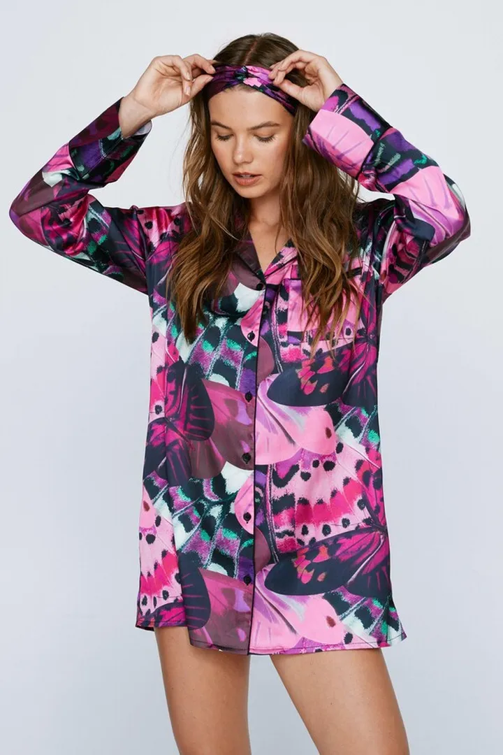 Nasty Gal Womens Satin Butterfly Print Night Shirt & Headband Set