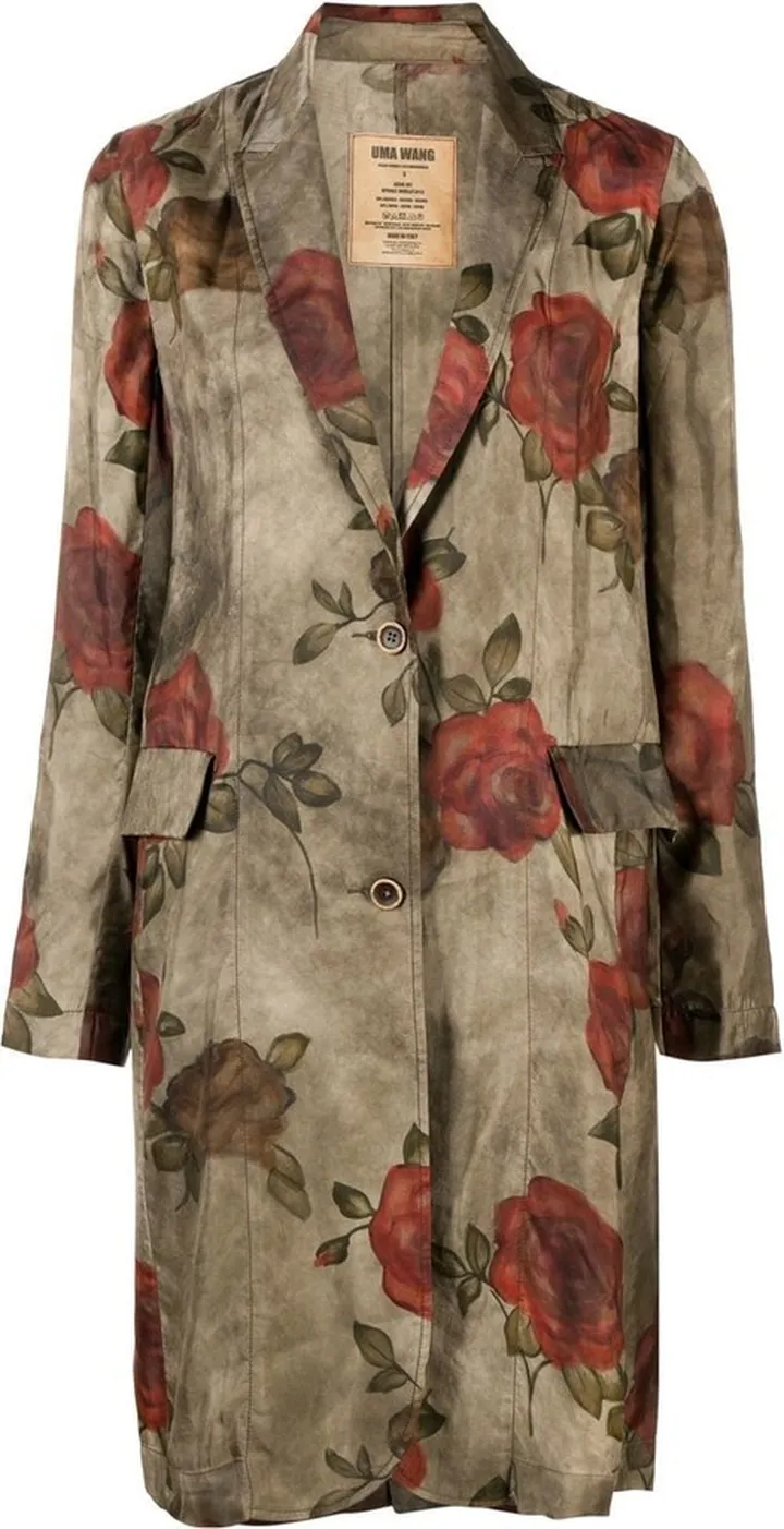 Rose-Print Single-Breasted Coat