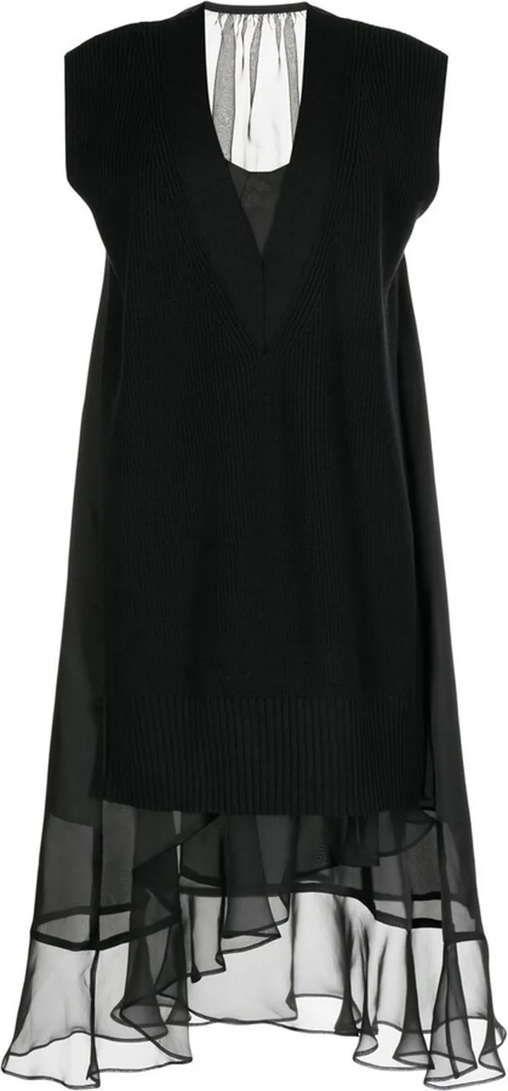 Layered Knit Sheer Ruffle-Hem Dress