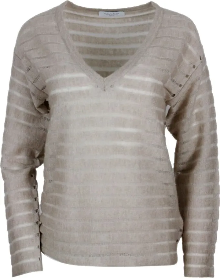 Alpaca And Cotton V-neck Sweater With Open Weave Stripes