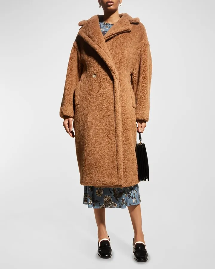 Double-Breasted Camel Hair Blend Teddy Coat