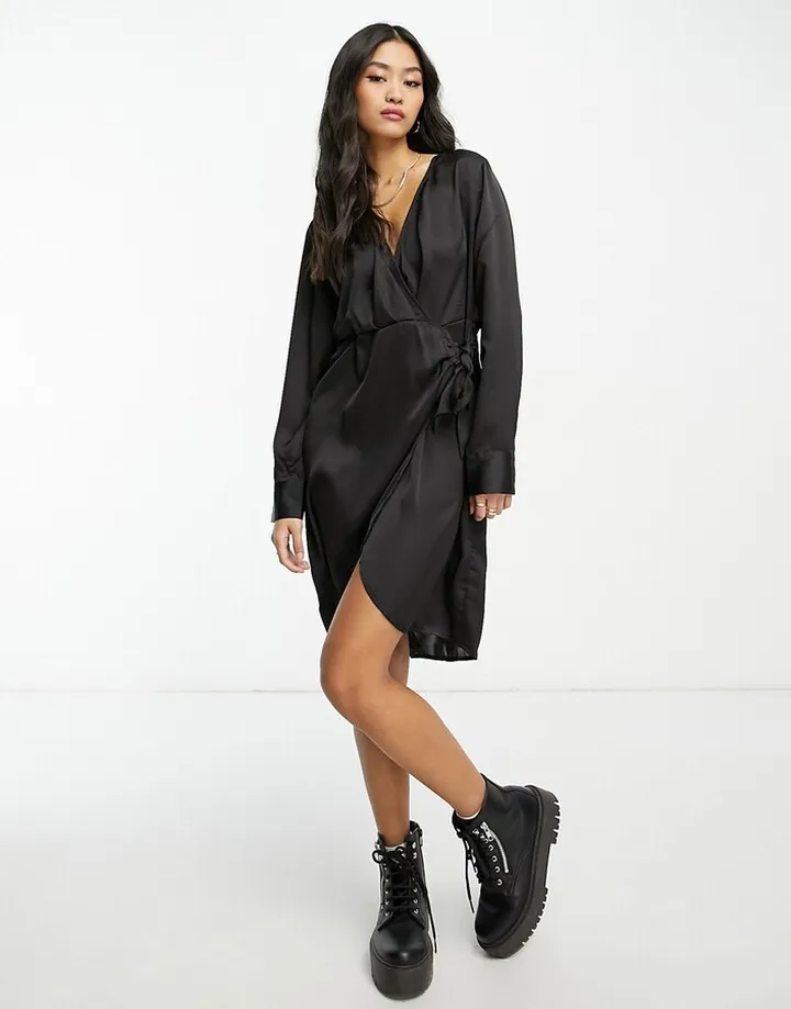 Pieces satin wrap tie side mini dress in black