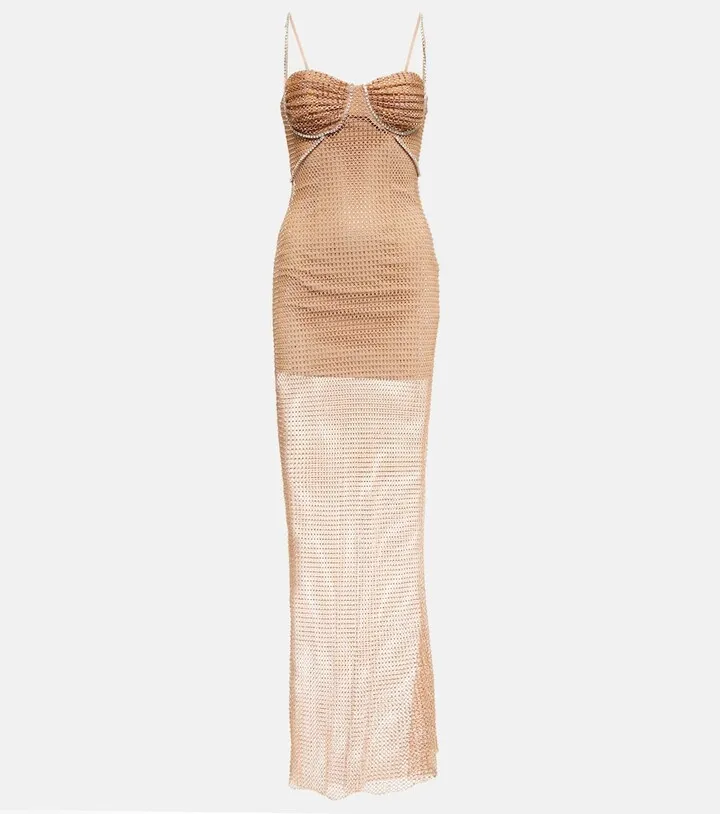 Embellished fishnet maxi dress