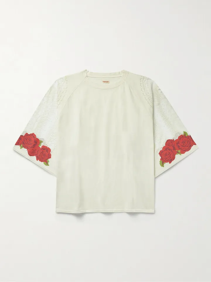 Oversized Point D'esprit Tulle-Trimmed Floral-Print Cotton-Jersey T-Shirt