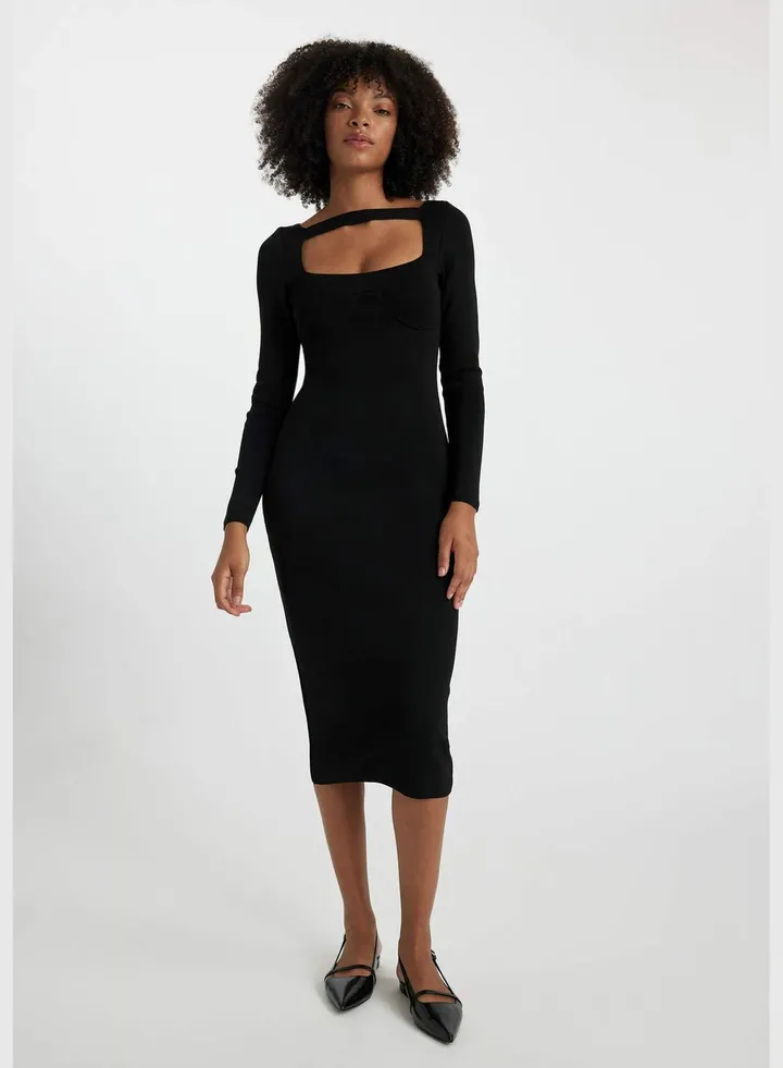 Woman Slim Fit Square Neck Long Sleeve Tricot Dress