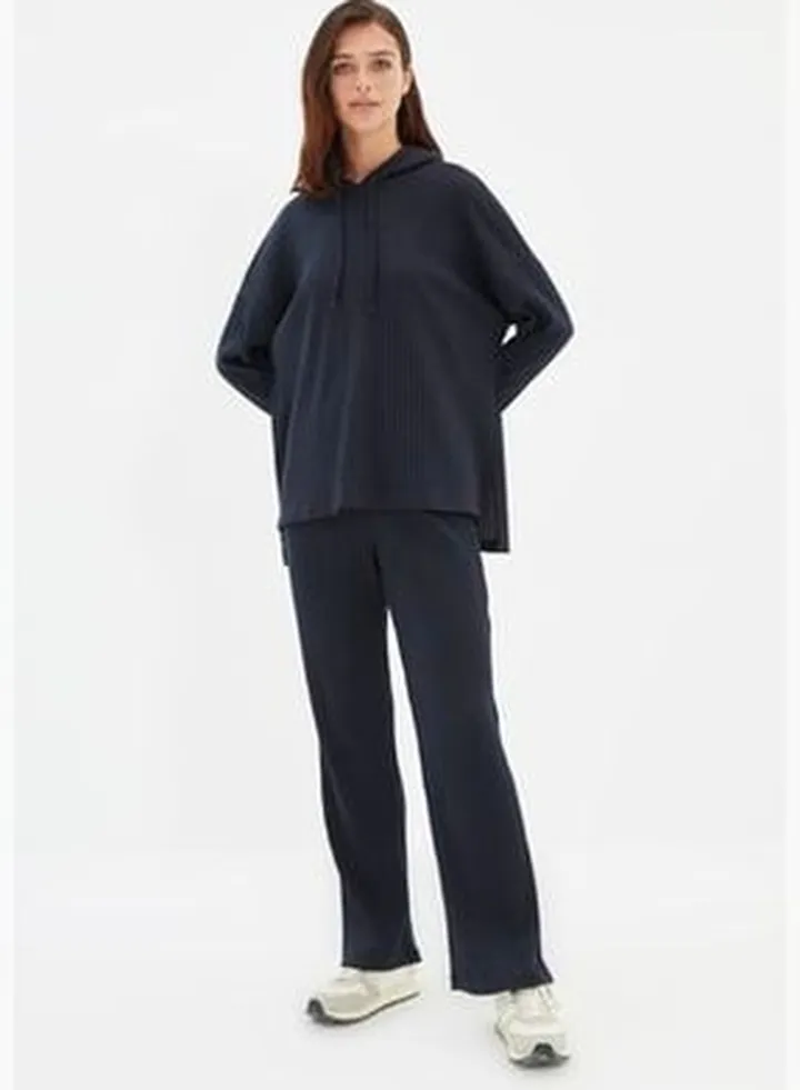 Navy Blue Hooded Ribbed Knitted Pajamas Set THMAW22AU0334