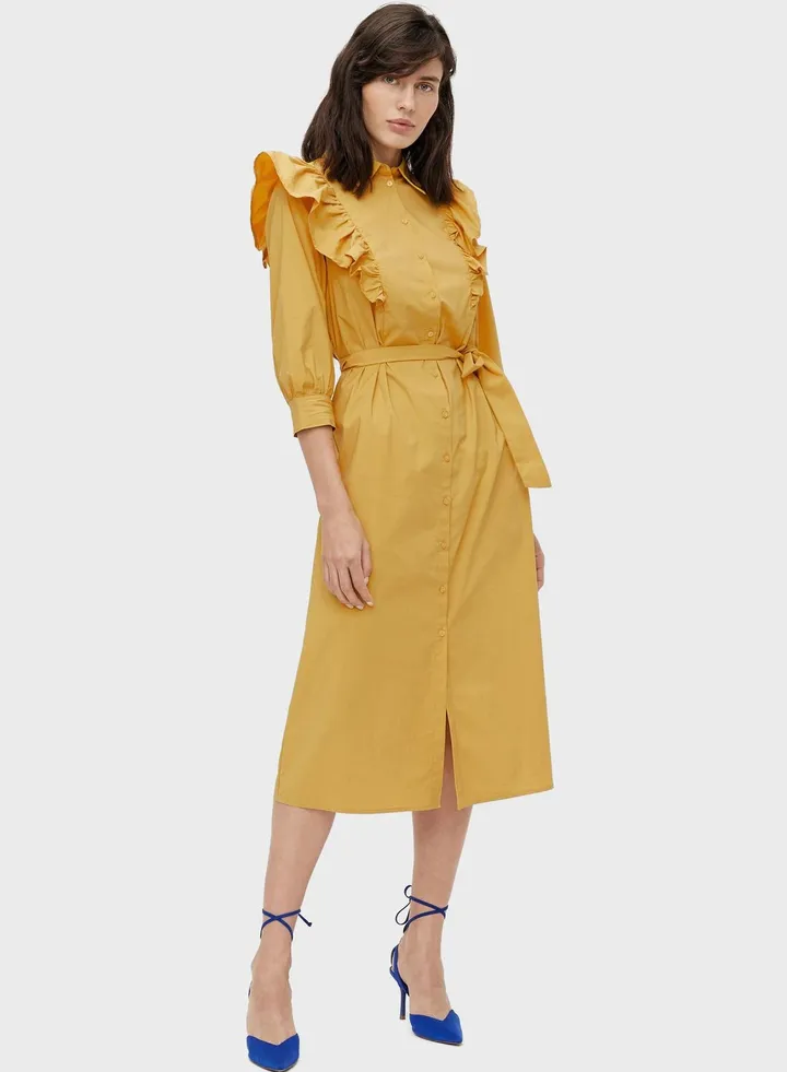 Ruffle Detail Belted Shirt Dress