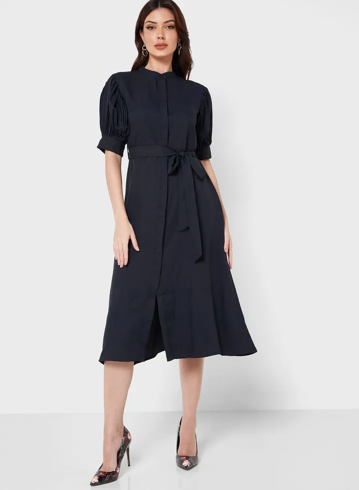 Pleated Puff Sleeve Detail Dress