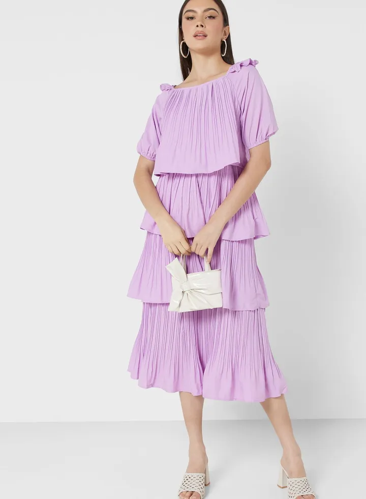 Bardot Layered Dress In Pleats