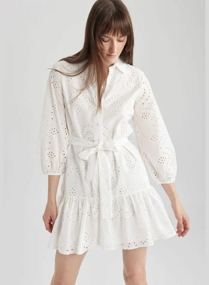 Woman Shirt Neck Long Sleeve Woven Dress