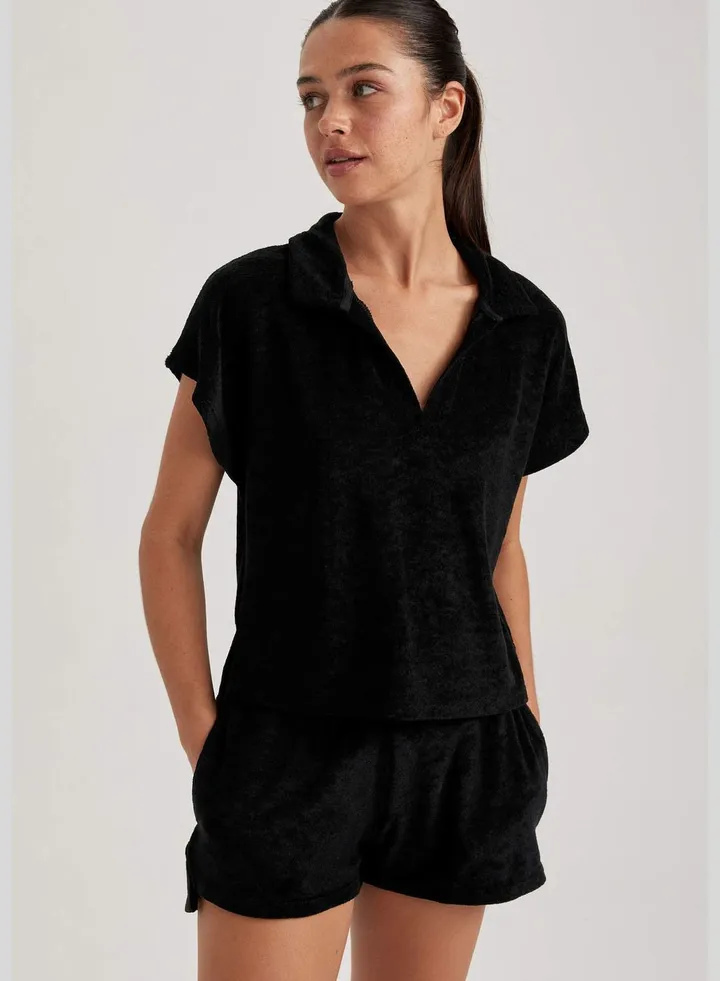 Woman Polo Neck Knitted Short Sleeve T-Shirt