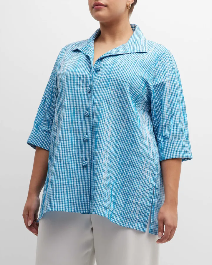 Plus Size Crinkled Gingham Button-Down Shirt