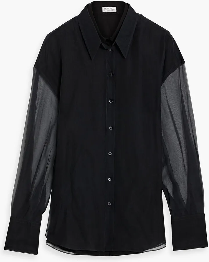 Bead-embellished layered silk-chiffon and crepe shirt