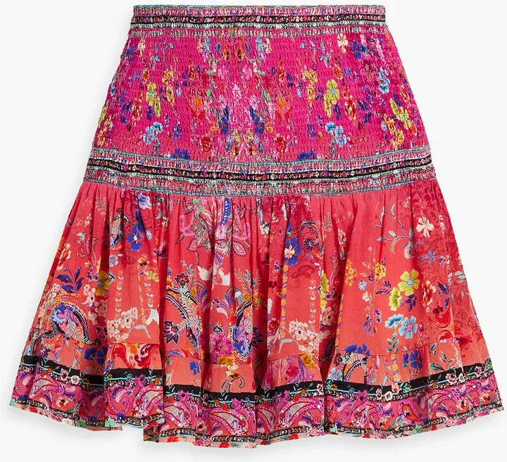 Crystal-embellished shirred printed silk mini skirt