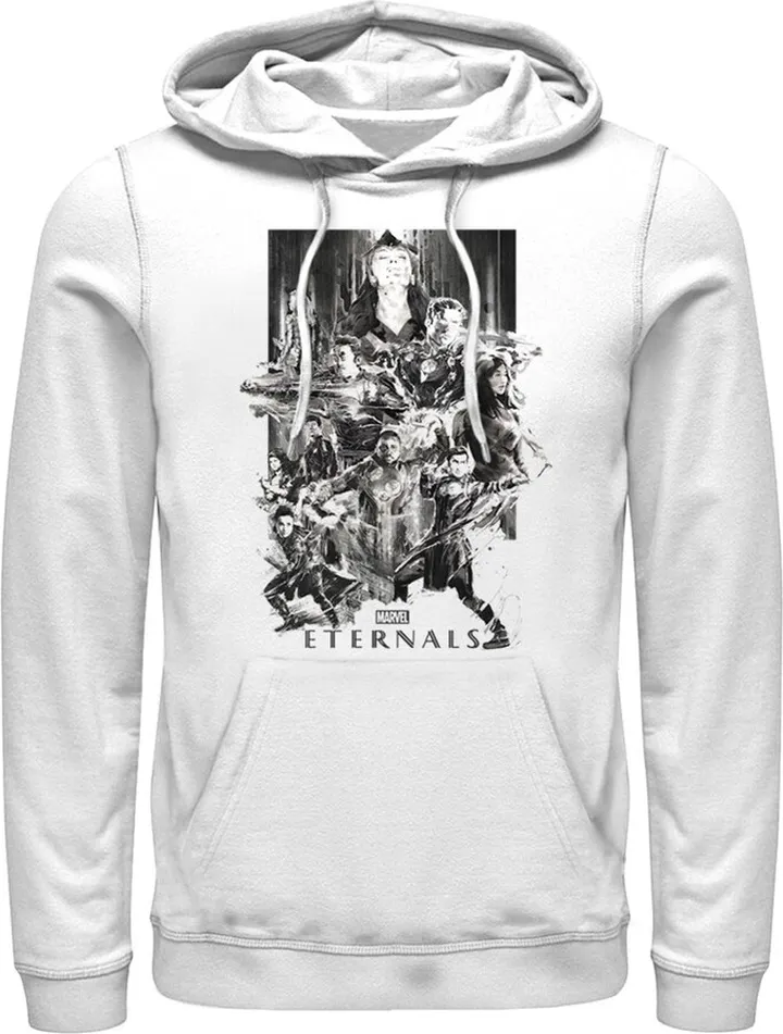 Men's Marvel Eternals Greyscale Poster Pull Over Hoodie - White - Large