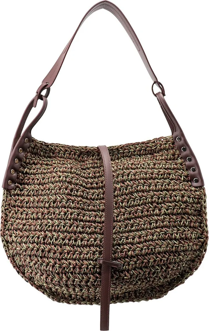 Rafia and leather shoulder bag with metal details