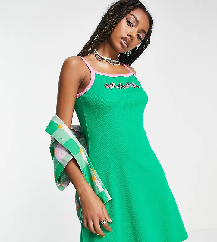 COLLUSION flower embroidered cami mini skate dress in green