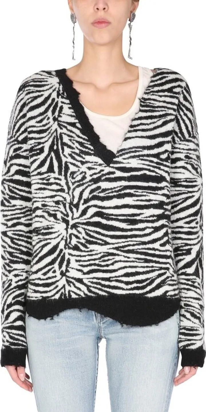 Saint Laurent Zebra Patterned V-Neck Sweater