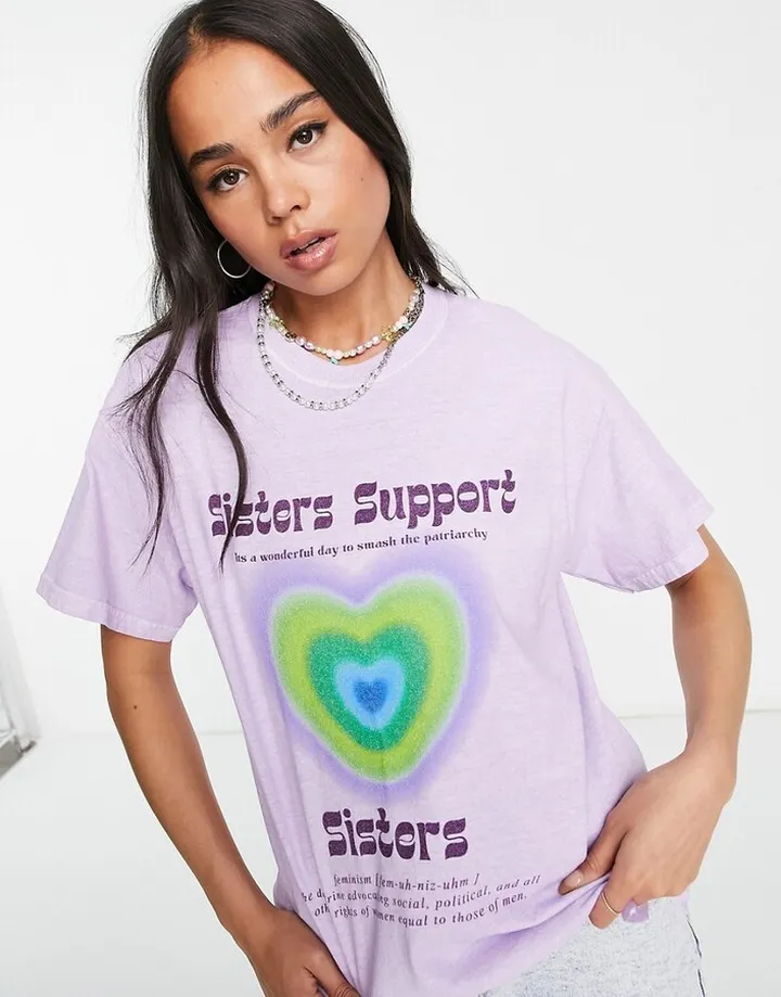 Daisy Street relaxed T-shirt with 'Sisters Support' retro wavy graphic